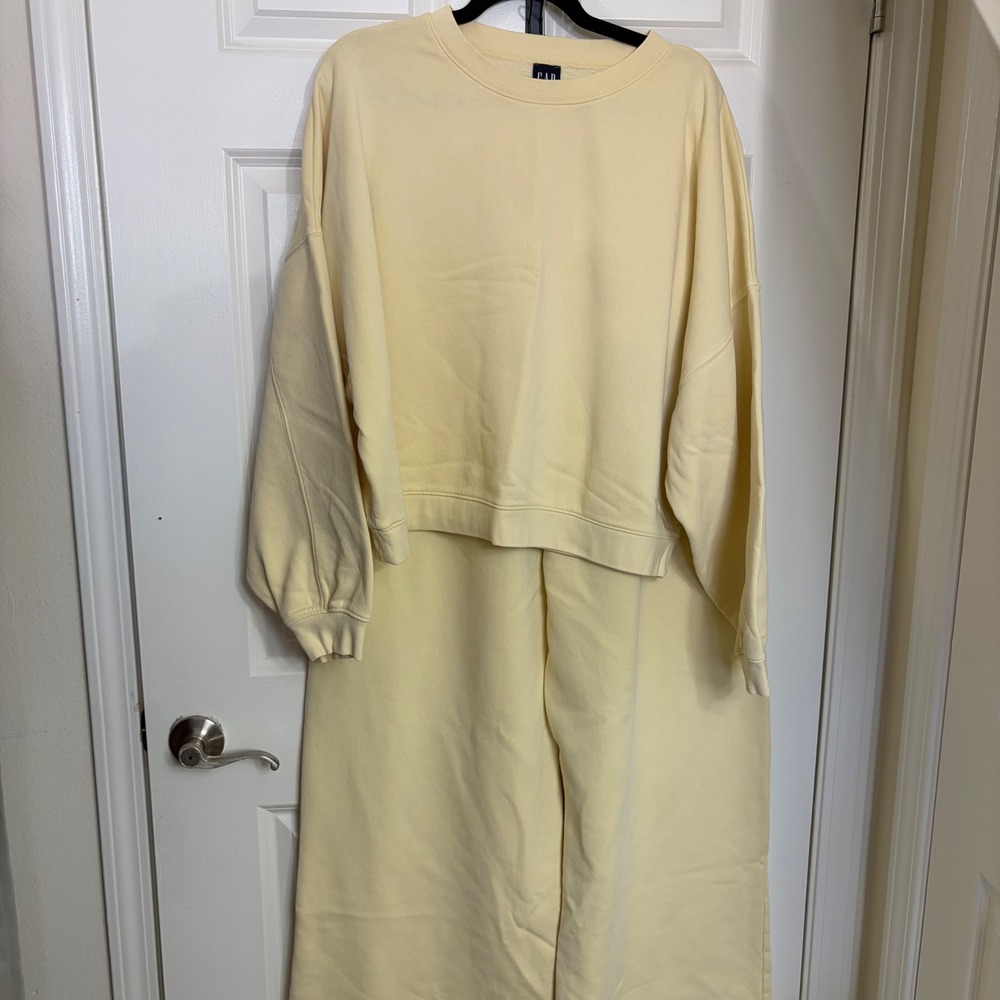 Gap Yellow Fleece Lounge Set Cropped Sweatshirt & Wide Leg Sweatpants Large Tall